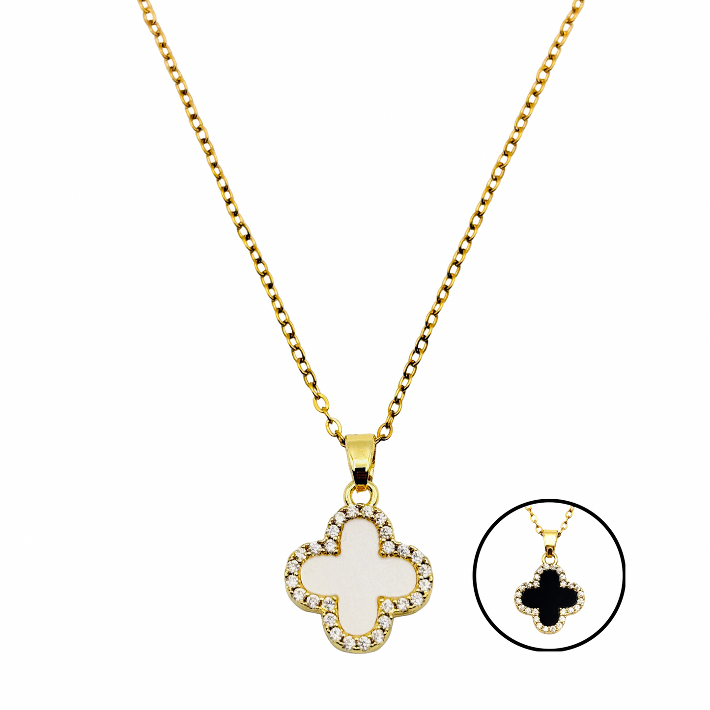 Shiny Clover Kette | 18k vergoldet | schwarz weiß