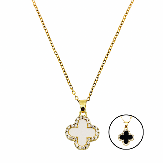 Shiny Clover Kette | 18k vergoldet | schwarz weiß