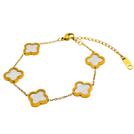 White Shiny Clover Armband | 18K vergoldet