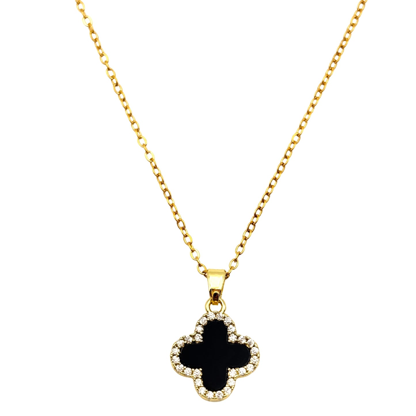 Shiny Clover Kette | 18k vergoldet | schwarz weiß